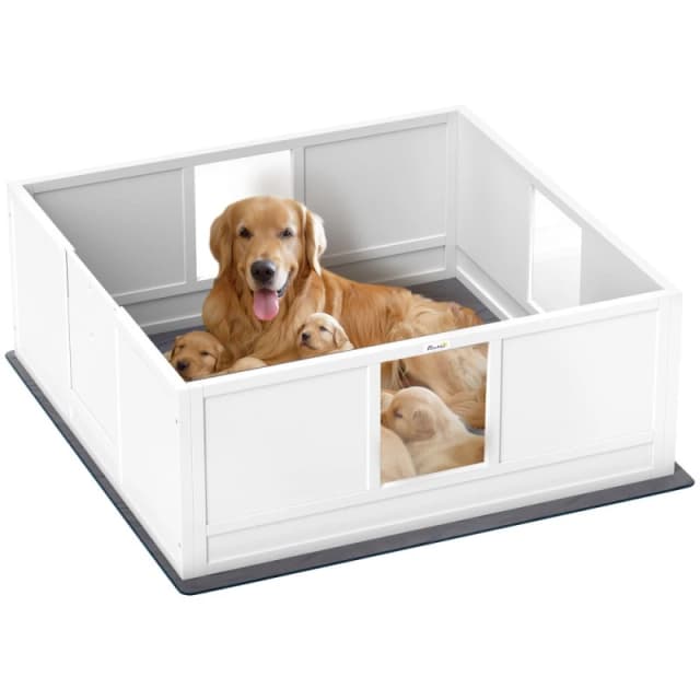 PawHut PawHut Dog Whelping Box with Whelping Pad, Adjustable Entrance, 124 x 120cm White