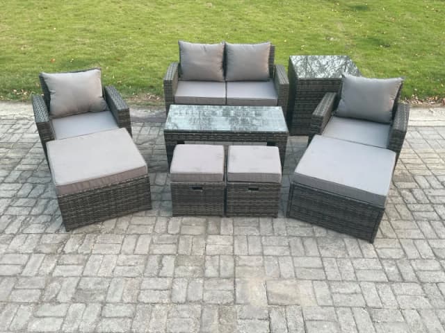 Fimous High Back Rattan Garden Furniture Sofa Sets w/ Rectangular Coffee Table Side Table Armchair 2 Big Footstool 2 Small Footstools Dark Grey Mixed