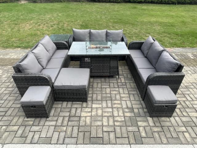Fimous Outdoor Rattan Furniture Garden Dining Set Gas Fire Pit Table With Side Table Lounge Sofa 3 Footstool Dark Grey