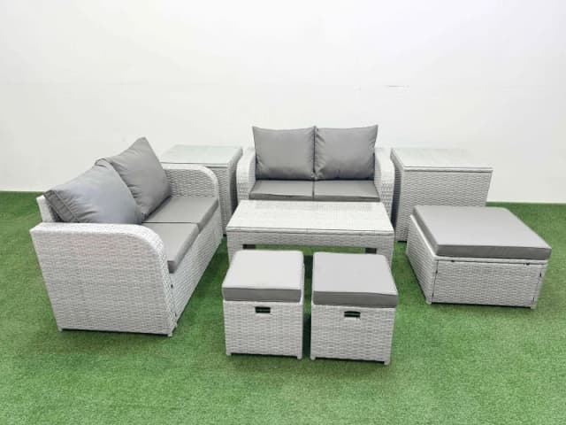 Fimous 7 Seater Outdoor Love Sofa Set Rattan Garden Furniture Set with Oblong Coffee Table 3 Footstool 2 Side Tables Light Grey Light Grey
