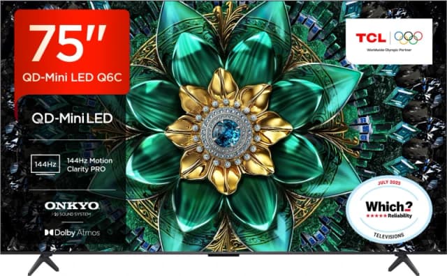 TCL 75Q6C-UK 75-Inch 4K QD-Mini LED Smart TV HDR10+ Dolby Vision IQ 144Hz Google TV 75Q6C-UK Metallic