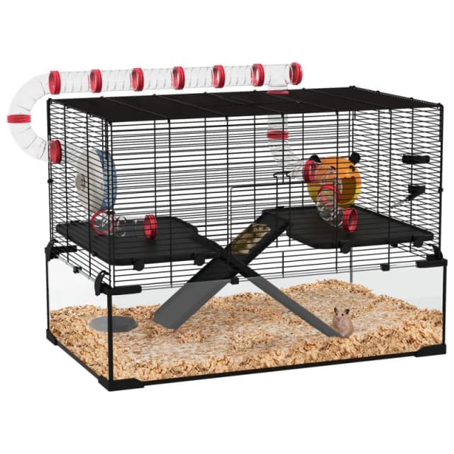 PawHut Hamster Cage w/ Tunnels, Tubes, Ramps, Platforms, Hut, 78.5 x 48.5 x 57cm, Black D51-417V01BK