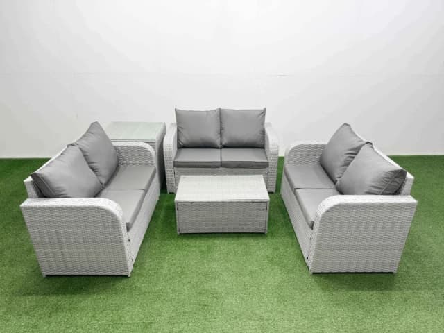 Fimous 6 Seater PE Wicker Rattan Furniture Sofa Sets with Rectangular Coffee Table 2 Seater Love Sofa Side Table Light Grey Light Grey
