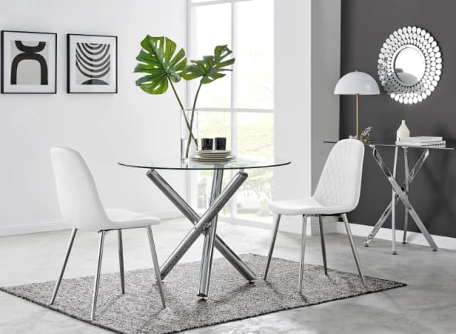 FurnitureboxUK FurnitureboxUK Selina Round Glass Chrome Leg Dining Table and Corona Silver Leg Chairs in Off White Size: 2 Person Off White 2 Person