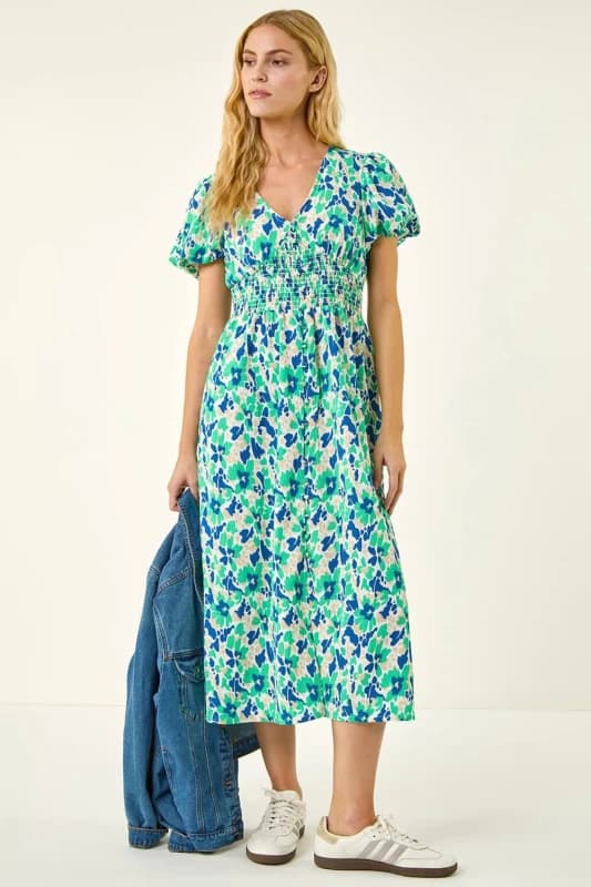 Roman Womens Abstract Shirred Waist Midi Dress in Green Size: 14 Green Female 14