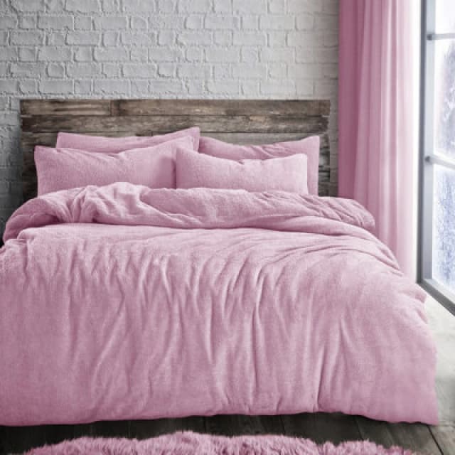 Velosso Plain Teddy Warm And Cosy Duvet Cover And Pillowcase Set - Pink