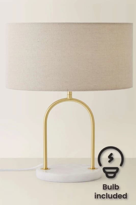 ValueLights ValueLights Rachel Brushed Gold Arch Marble Base Table Lamp with Natural Lamp Shade and Bulb in Off White Off White One Size Unisex 505940