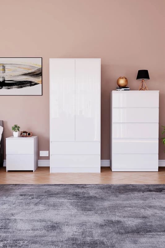 Home Discount Vida Designs Glinton 3 Piece Bedroom Set Storage Furniture (2 Drawer Bedside Chest, 5 Drawer Chest, 2 Door 2 Drawer Wardrobe) White