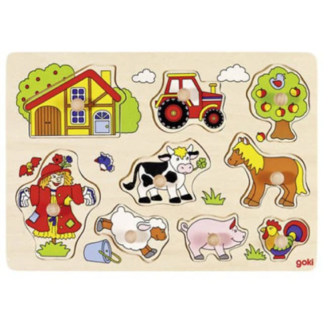 Goki Lift-Out Wooden Puzzle Farm Animals - Scarecrow Apple Tree Pig
