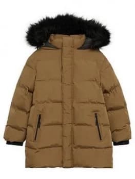 Mango Boys Faux Fur Trim Padded Coat - Brown