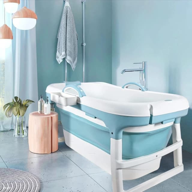 Fimous Foldable Bathtub Body Spa Freestanding Soaking Tub Non-Slip Bathing Shower for Bathroom Blue Blue Unisex