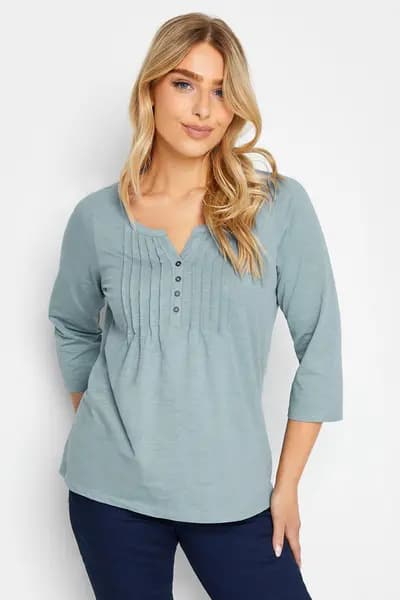M&Co Cotton Pleated Henley Top Blue