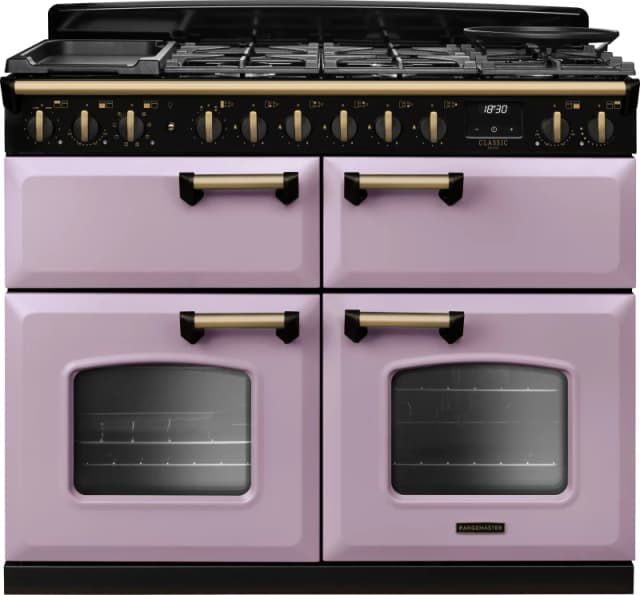 Rangemaster Classic Deluxe 110 CLDLB110DFPHTH/AB1 110cm wide Dual Fuel Range Cooker with Gas Hob - Heather / Antique Brass - A/A/A Rated