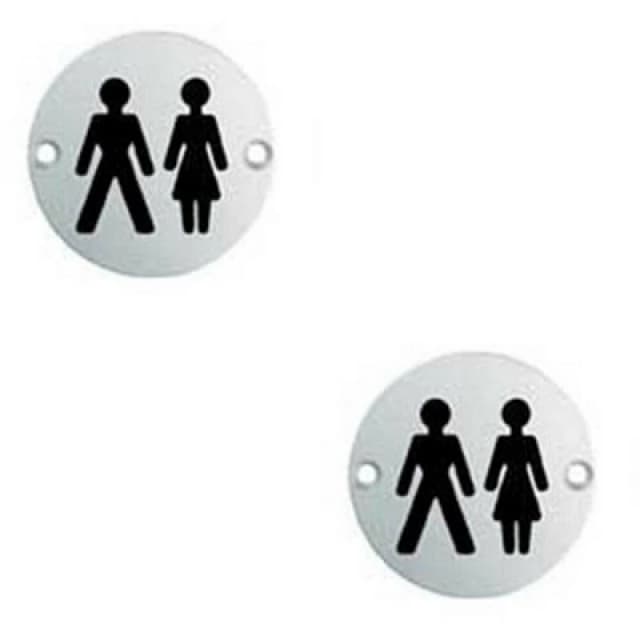 Loops 2x Bathroom Door Unisex Symbol Sign 76mm Diameter Satin Anodised Aluminium Multi