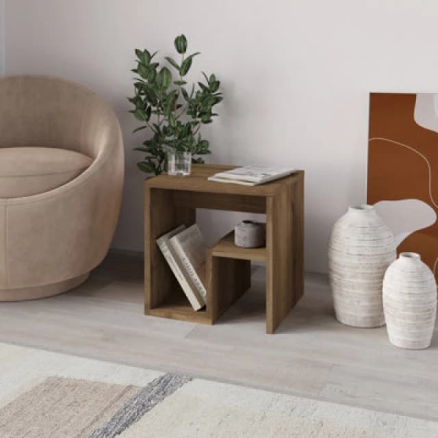 Decortie Bon Square End Table Open Shelf Storage, G-Shaped Coffee Table 40X40Cm Chipboard For Living Room Bedroom(Dark Oak Effect)