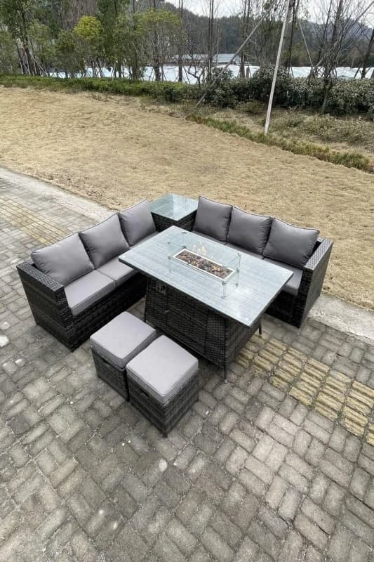 Fimous Garden Corner Furniture Gas Fire Pit Table Sets Heater Lounge Small Footstools Dark Grey
