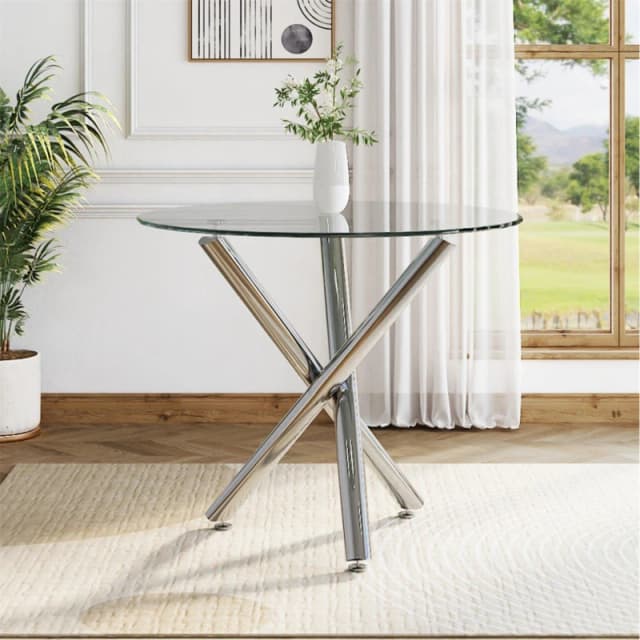 Cottonfy UK Round Tempered Glass Table with Chrome Leg - Clear Clear M