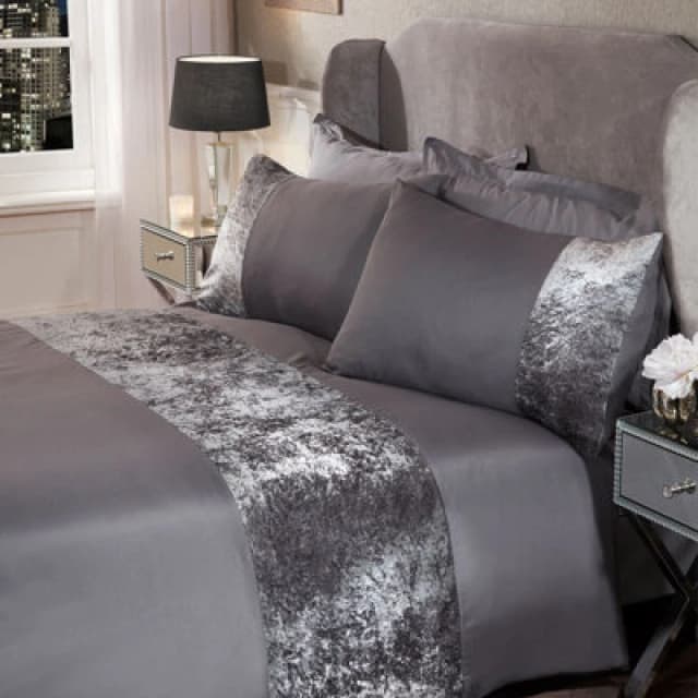 OHS OHS Crushed Velvet Panel Duvet Cover with Pillow Case Set in Light Grey Size: King Light Grey King Unisex 5027434117598
