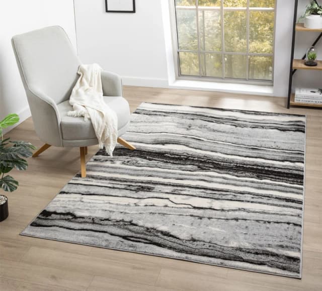 Obsidian Modern Low Pile Area Rug - Coast Waves Abstract Design Grey 200Cm X 290Cm
