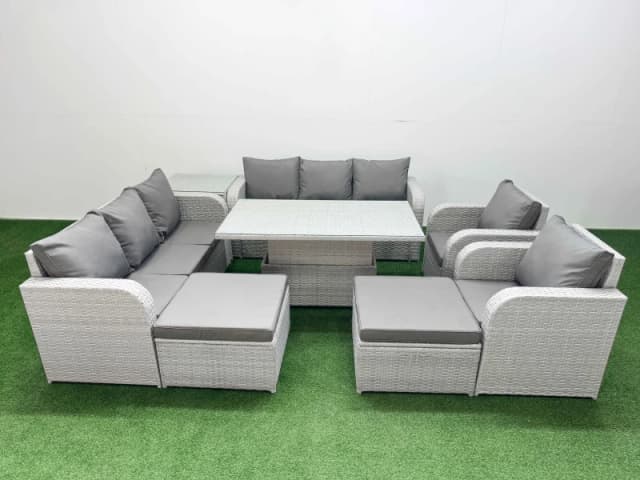 Fimous PE Rattan High Back Lounge Sofa Set with 3 Seater Sofa Reclining Chair 2 Big Footstool Side Table Light Grey
