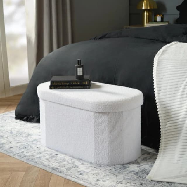 OHS OHS Ottoman Storage Box Folding Footstool Space Saving Boucle - White White One Size Unisex 5027434215799