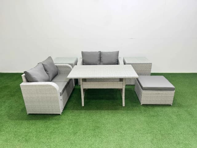 Fimous 5 Seater Outdoor Love Sofa Set Rattan Garden Furniture Set with Rectangular Dining Table Big Footstool 2 Side Tables Light Grey Light Grey