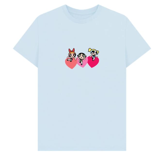 Powerpuff Girls Mens Triple Heart T-Shirt in Light Blue Size: Small Light Blue Male S