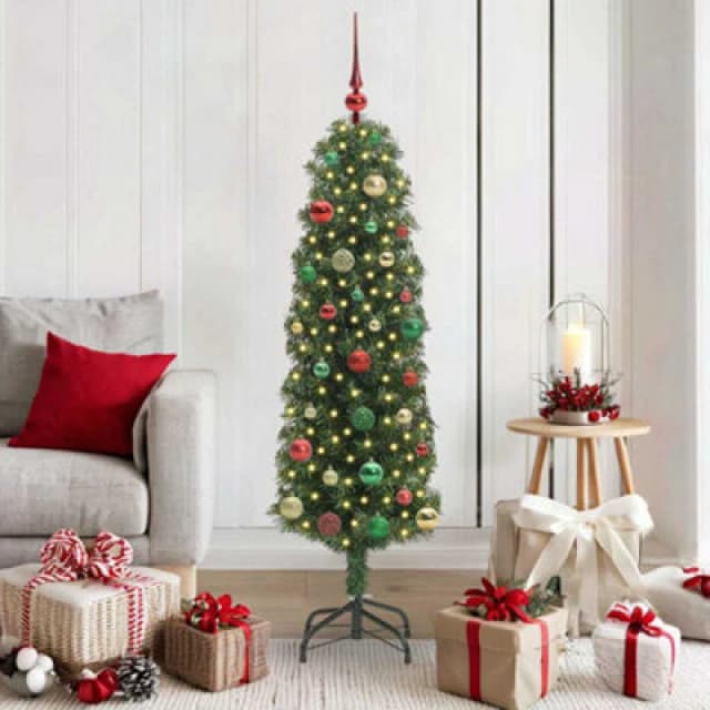 vidaXL Artificial Christmas Tree with 150 LEDs, Multicolour Balls with Stand Green 150 x 43 cm, Green 3394938
