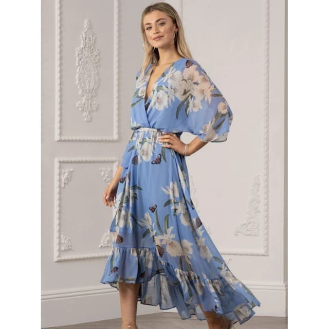Yumi Light Blue Floral Kimono Sleeves Dip Hem Wrap Midi Dress Light Blue