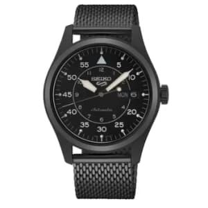 Seiko 5 Sports Military Flieger Automatic Black Dial Black PVD Milanese Bracelet Mens Watch SRPH25K1