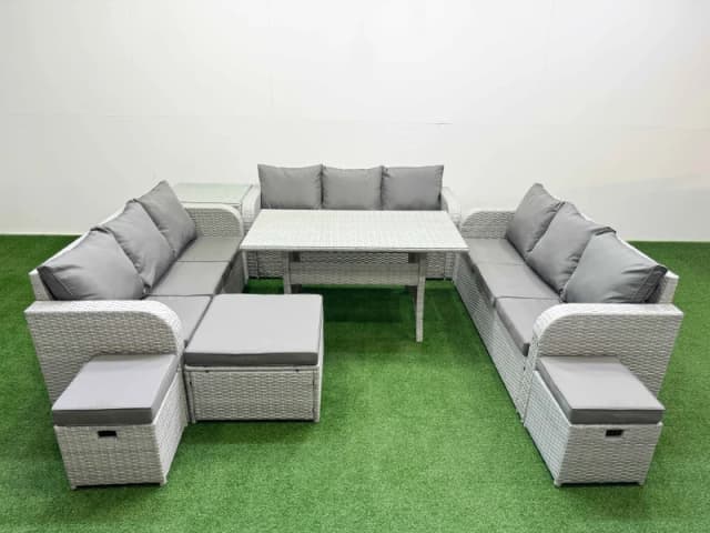 Fimous PE Rattan Lounge Sofa Set 12 Seater Outdoor Garden Furniture Set with Rectangular Dining Table 3 Seater Sofa 3 Stools Side Table Light Grey Lig