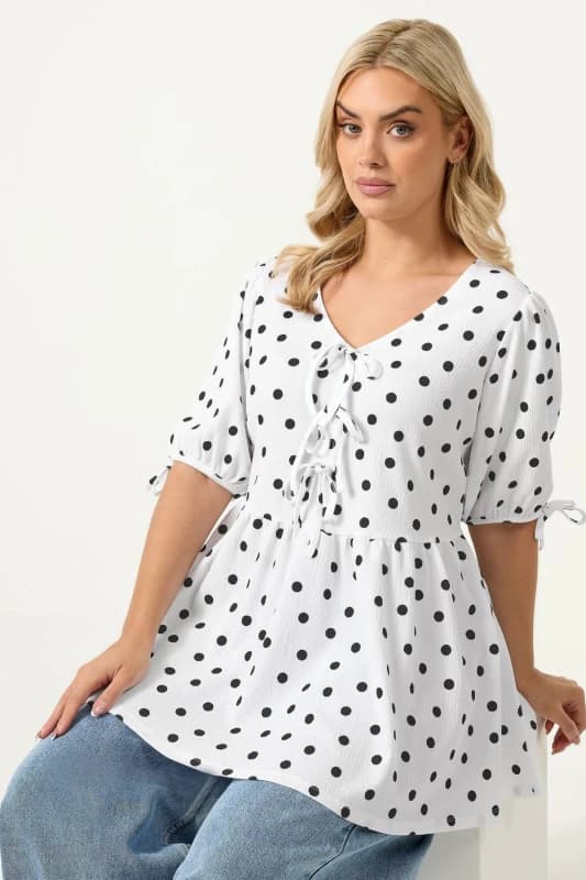 Yours Womens Polka Dot Bow Front Peplum Top in White Size: 22-24 White Female 22-24
