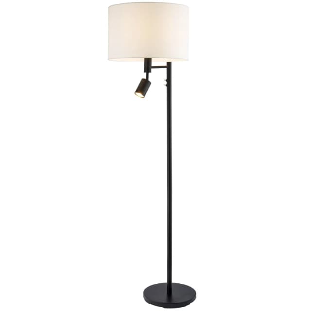 Happy Homewares Modern Black Floor Light with LED Adjustable Spot Lamp & White Cotton Shade Black Unisex