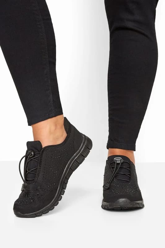 Yours Womens Wide & Extra Wide Fit Embellished Drawcord Trainers in Black Size: 9E Black Female 9E