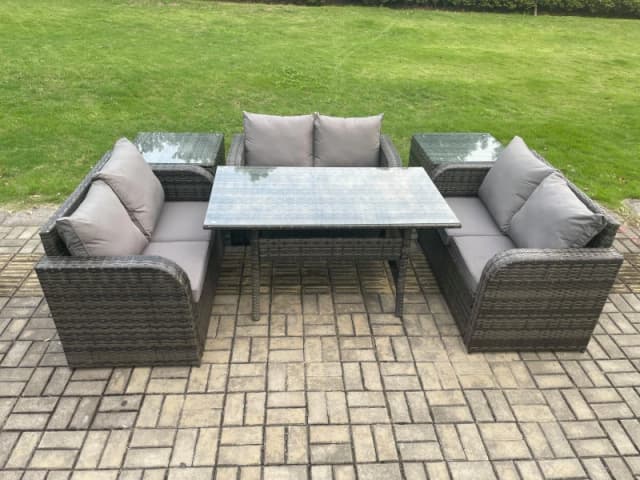 Fimous 6 Seater Outdoor Rattan Garden Furniture Set with Patio Love Sofa Rectangular Dining Table 2 Side Tables Dark Grey Mixed Dark Grey Unisex