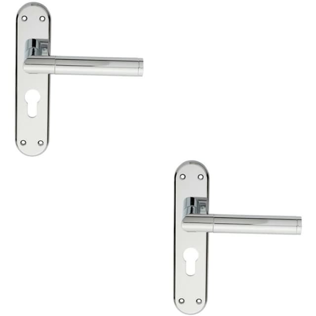 Loops 2x Round Bar Lever on Euro Lock Backplate Door Handle 180 x 40mm Polished Chrome Multi