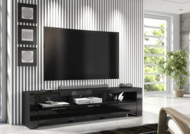 Furneo 200Cm Black Long TV Stand Unit Cabinet Matt & High Gloss White LED Lights Phantom 10