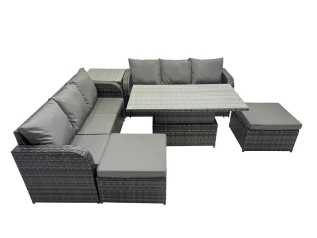 Fimous Rattan Garden Furniture Set 8-seater with Side Table 2 Big Footstool in Dark Grey Dark Grey Unisex