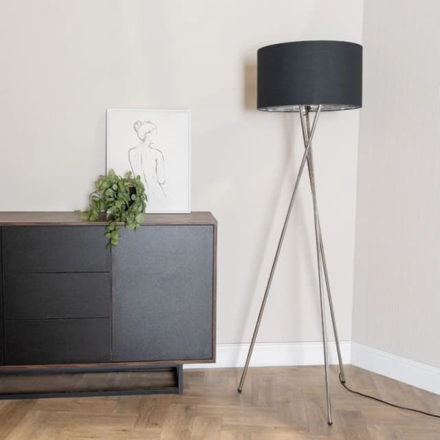 ValueLights ValueLights Camden Chrome Tripod Floor Lamp with Metallic Chrome Drum Shade & Bulb in Black One Size Unisex 5059406060885