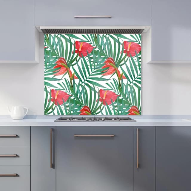 Warren Reed - Designer Tropical Flowers & Palm Leaves Kitchen Splashback in Green Size: 600mm x 750mm Green Unisex 600mm x 750mm