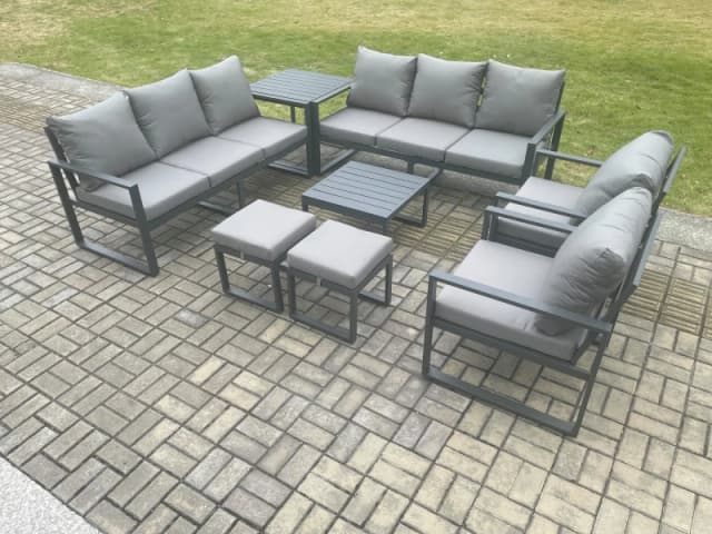 Fimous Aluminium Patio Outdoor Garden Furniture Lounge Sofa Set with Square Coffee Table 2 Chairs Side Table 2 Small Footstool Dark Grey Dark Grey Uni