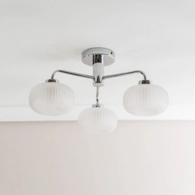 ValueLights Amaia Chrome IP44 Rated 3 Way Frosted Ribbed Glass Ceiling Light with LED Bulbs Silver