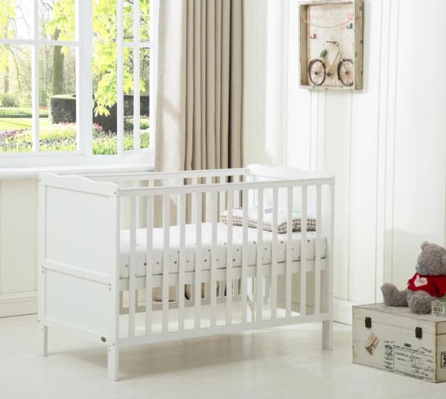 MCC (White) MCCA Wooden Baby Cot Bed "Orlando" & Water repellent Mattress