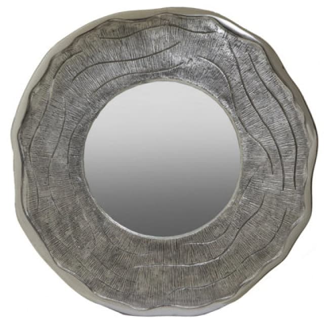 Orsina Large Oak Effect Silver Wall Mirror, Contemporary Round Wall Mirror For Living Room, Heavy Metal Art Mirror