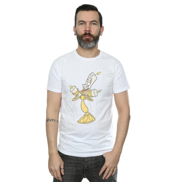 Disney Men Beauty And The Beast Lumiere Distressed T-Shirt in White Size: Small White S Male 5059114936915