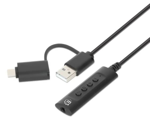 Manhattan Manhattan USB cable 3.5mm jack, USB-A plug, USB-C plug 1m Black incl. volume control 153560 153560
