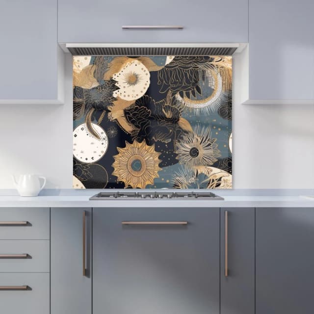 Warren Reed - Designer Abstract Blue Gold Moon Sun Kitchen Splashback in Yellow Size: 600mm x 750mm Yellow Unisex 600mm x 750mm