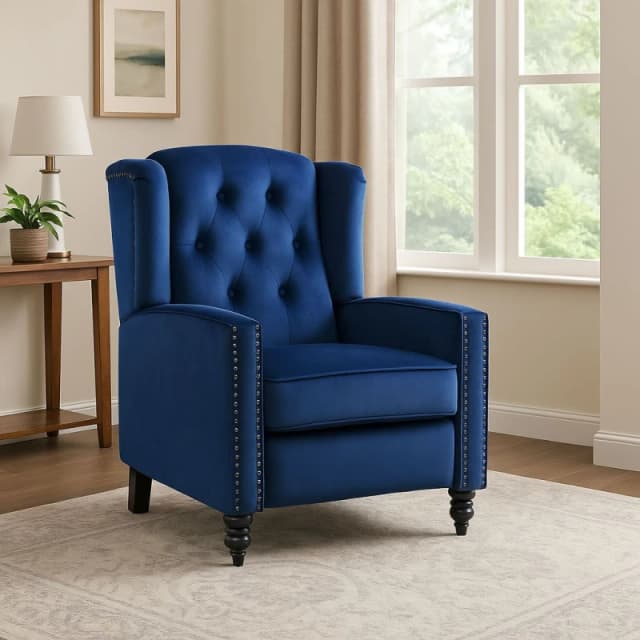 LUXURY LIFE Althorpe Velvet Push Back Recliner Armchair in Blue ARMCHAIR-ALTHORPE-BlueVELVET