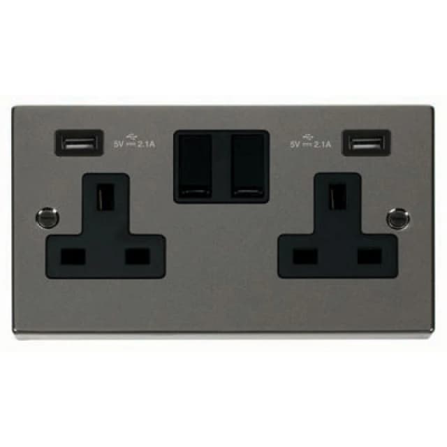 SE Home Black Nickel 2 Gang 13A 2 USB Twin Double Switched Plug Socket Black