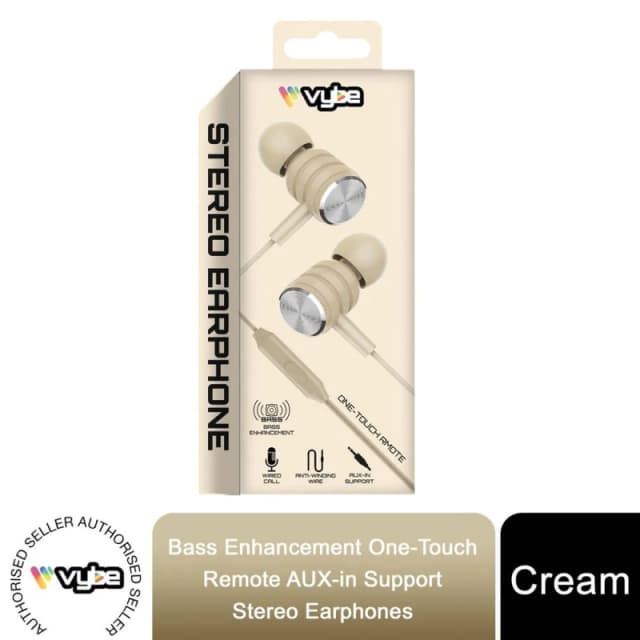 Vybe Premium Cream Vybe Bass One-Touch Remote AUX Stereo Earphones